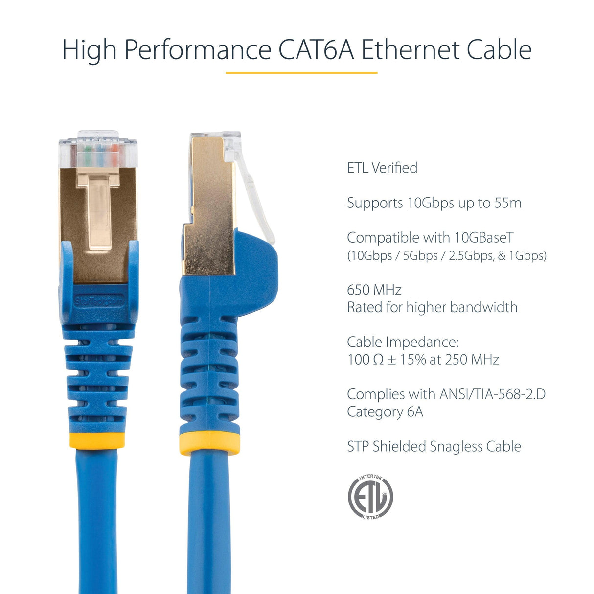 StarTech.com 0.50m CAT6a Ethernet Cable - 10 Gigabit Category 6a Shielded Snagless 100W PoE Patch Cord - 10Gb Blue UL Certified Wiring/TIA