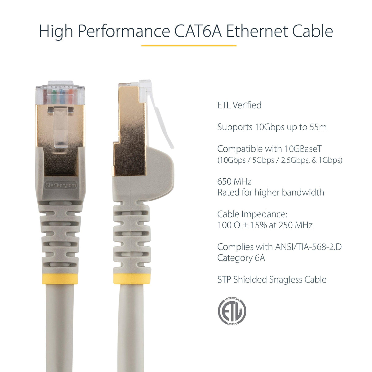 StarTech.com 1m CAT6a Ethernet Cable - 10 Gigabit Category 6a Shielded Snagless 100W PoE Patch Cord - 10GbE Grey UL Certified Wiring/TIA