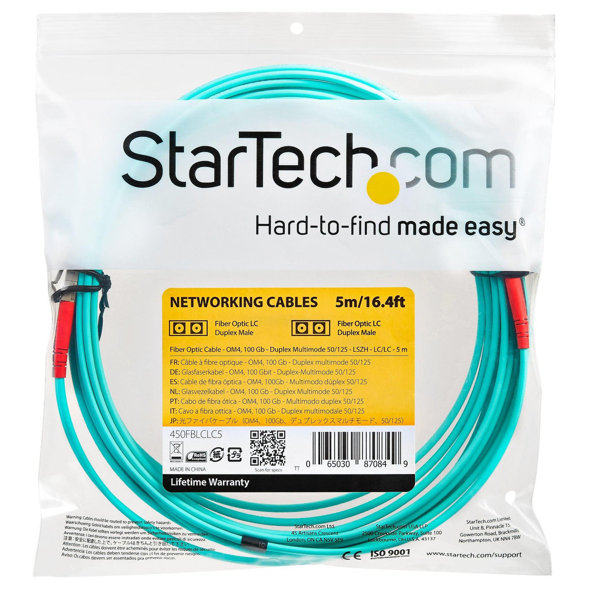 StarTech.com 5m (16.4ft) LC/UPC to LC/UPC OM4 Multimode Fiber Optic Cable, 50/125&micro;m, 100G, Low Insertion Loss, LSZH Fiber Jumper Cord