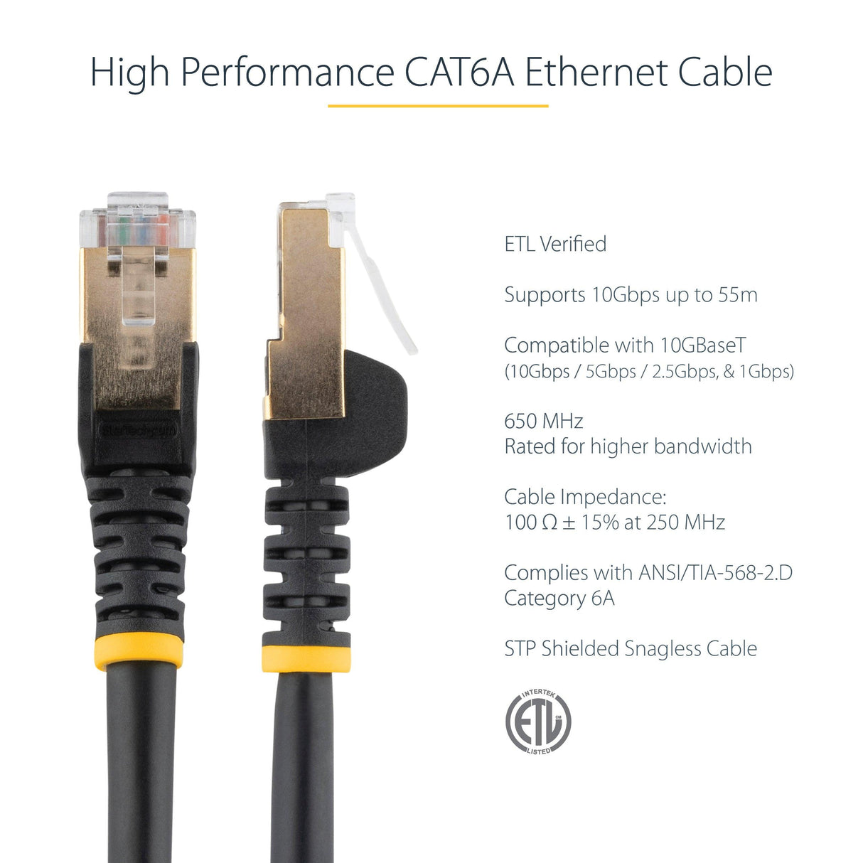 StarTech.com 0.50m CAT6a Ethernet Cable - 10 Gigabit Category 6a Shielded Snagless 100W PoE Patch Cord 10GbE Black UL Certified Wiring/TIA