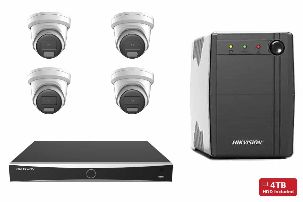 Hikvision 6MP AcuSense Strobe & Siren Turret 4-Camera Kit | 4TB HDD + UPS600