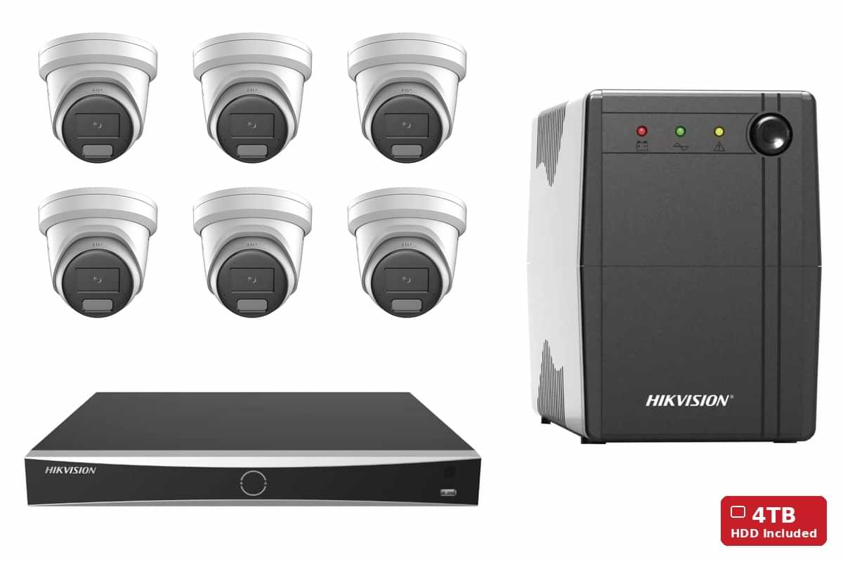 Hikvision 6MP AcuSense Strobe & Siren Turret 6-Camera Kit | 4TB HDD + UPS1000