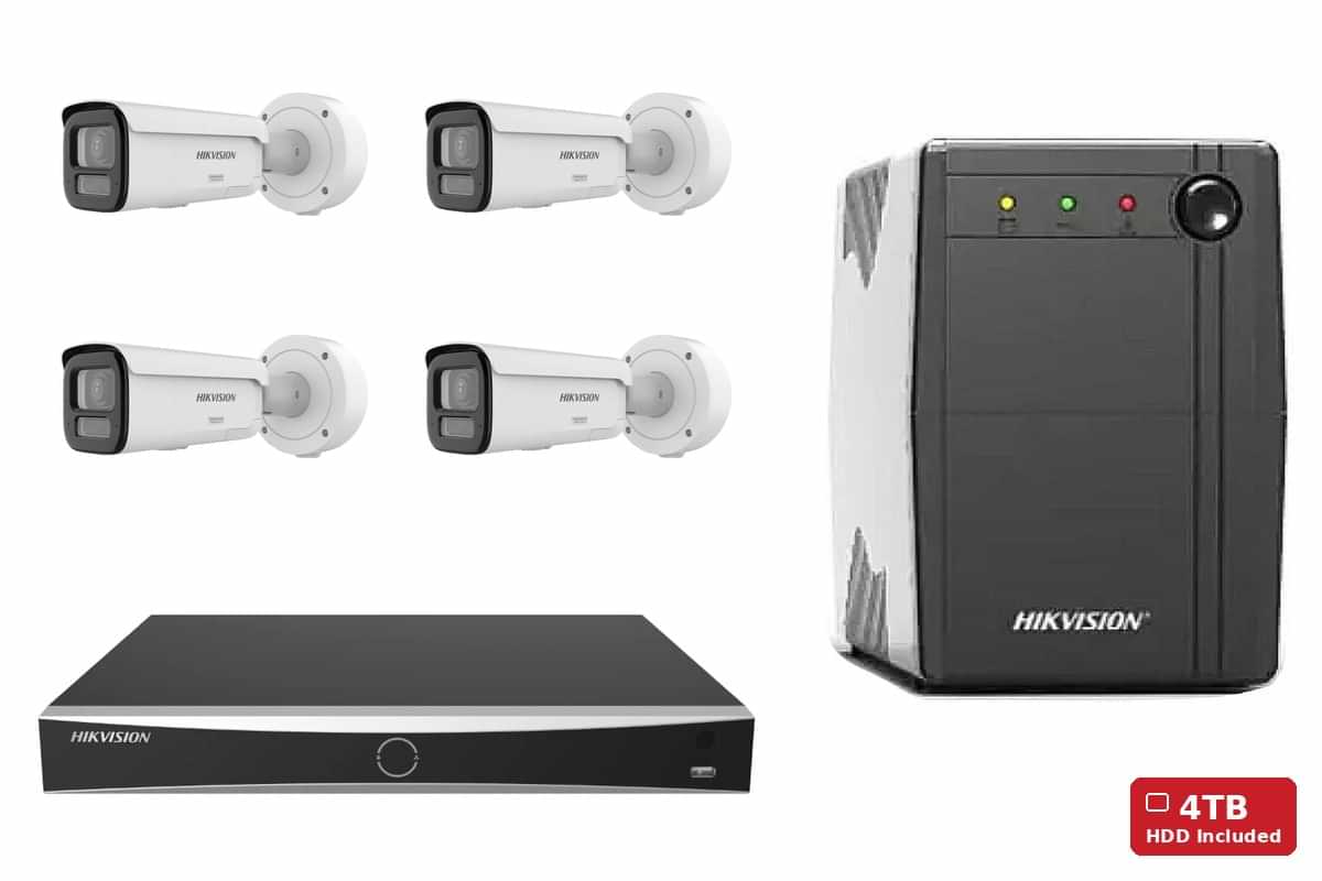 Hikvision 8MP 4K ColorVu 3.0 Varifocal Pro Bullet 4-Camera Kit | 4TB HDD + UPS600