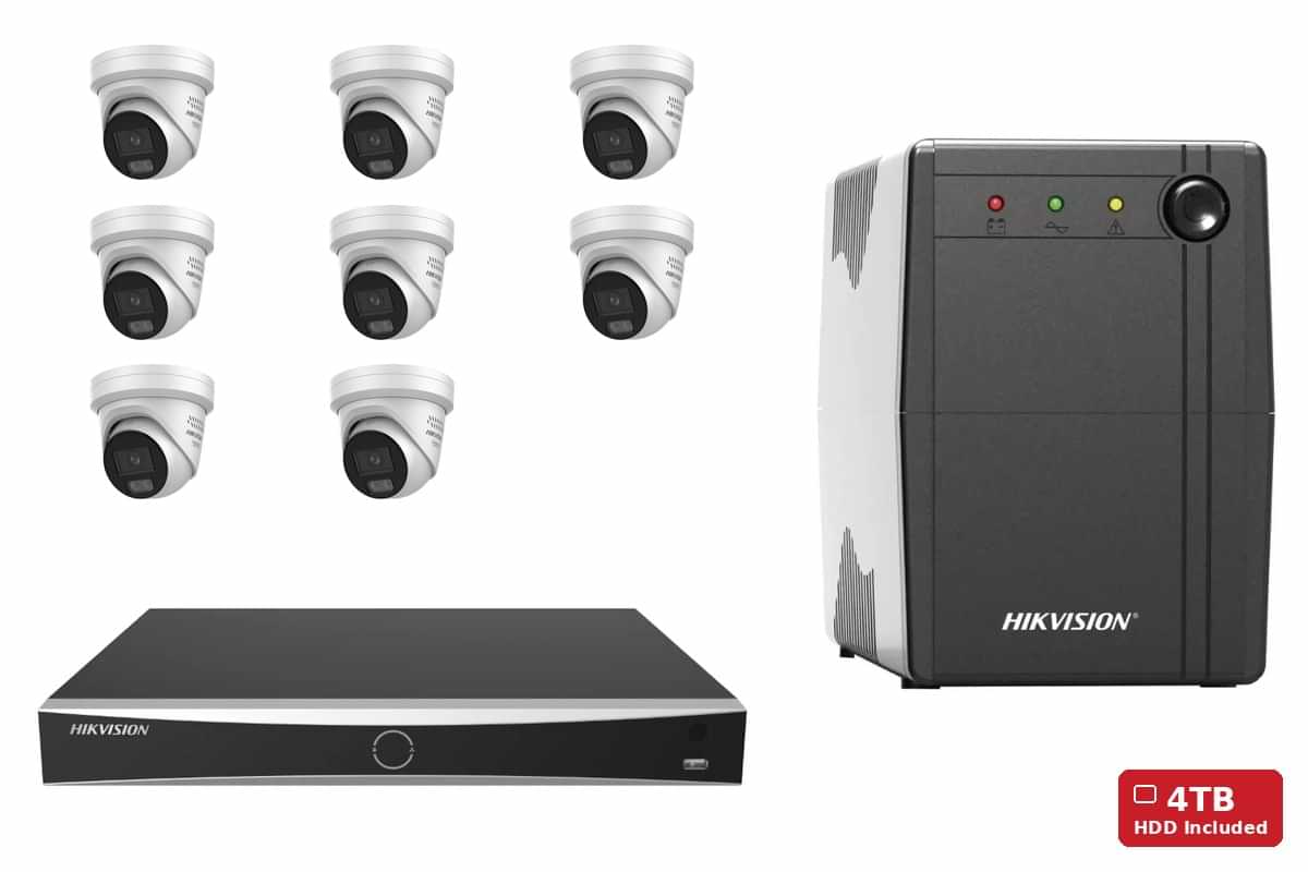 Hikvision 8MP 4K ColorVu 3.0 Strobe Turret 8-Camera Kit | 4TB HDD + UPS1000